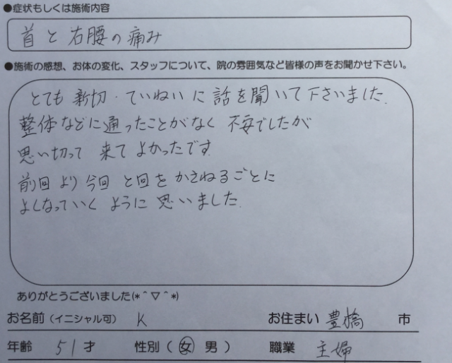 首と右腰の痛み