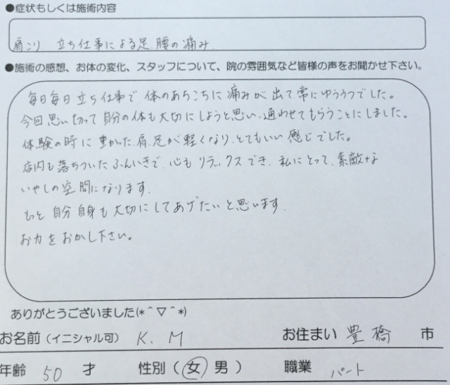 肩こり、立ち仕事による足・腰の痛み